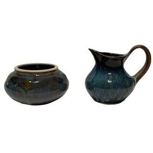 Bill Campbell SIGNED Art Pottery SUGAR BOWL & CREAMER Blue Brown